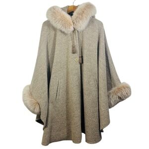 David Green Alpaca Anchorage Beige Cape with Fox Trim on Hood & Sleeves Tassle